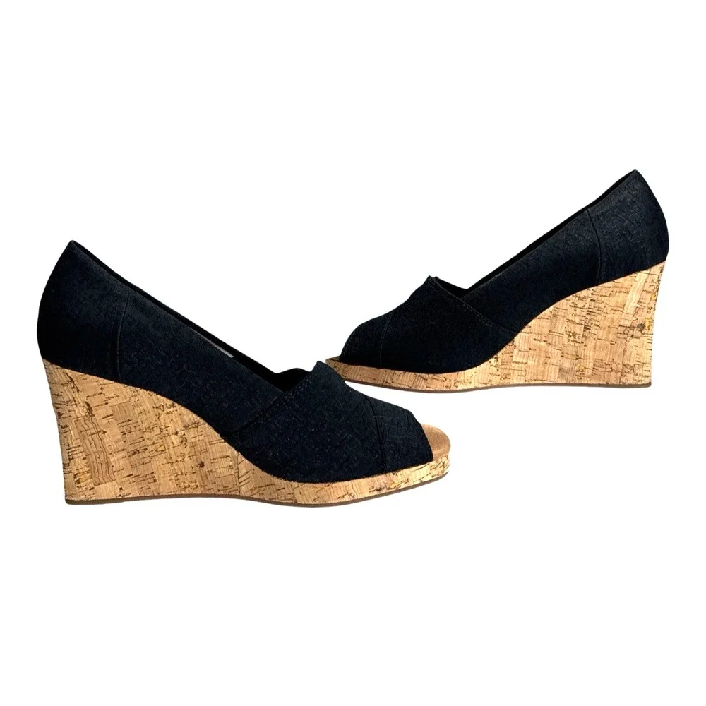 TOMS Black Cork Wedge Sandals Peep Toe Platform Slip On Heels Size 9.5M